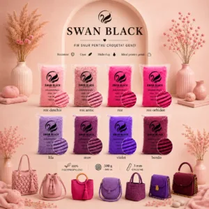 Fir snur Swan Black în 8 nuanțe de roz și violet: roz deschis, roz antic, roz orhidee, lila, mov, violet și bordo pentru genți croșetate