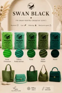 Fir snur Swan Black în 5 nuanțe de verde: verde primăvară, tiffany, verde, verde militar și petrol pentru genți croșetate