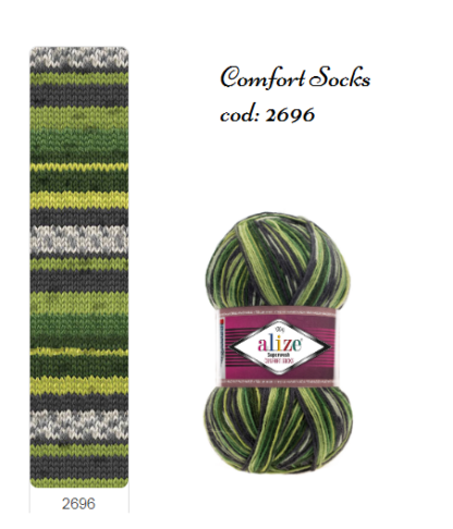 Fir de tricotat sosete Alize SuperWash Comfort Socks_culoare 2696_Print verde cu gri