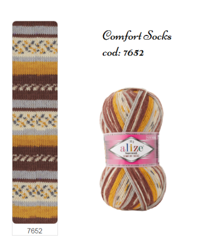 Fir de tricotat sosete Alize SuperWash Comfort Socks_culoare 7652_Print maro, gri galben