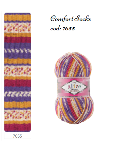 Fir de tricotat sosete Alize SuperWash Comfort Socks_culoare 7655_Print moc, roz, portocaliu