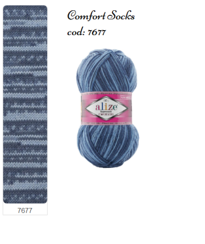 Fir de tricotat sosete Alize SuperWash Comfort Socks_culoare 7677_Print cu albastru