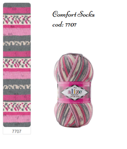 Fir de tricotat sosete Alize SuperWash Comfort Socks_culoare 7707_Print gri cu roz