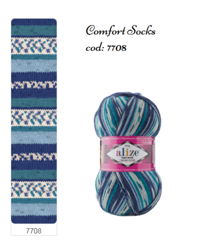 Fir de tricotat sosete Alize SuperWash Comfort Socks_culoare 7708_Print albastru, bleu si alb