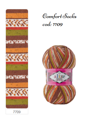 Fir de tricotat sosete Alize SuperWash Comfort Socks_culoare 7709_Print maro, portocaliu, alb