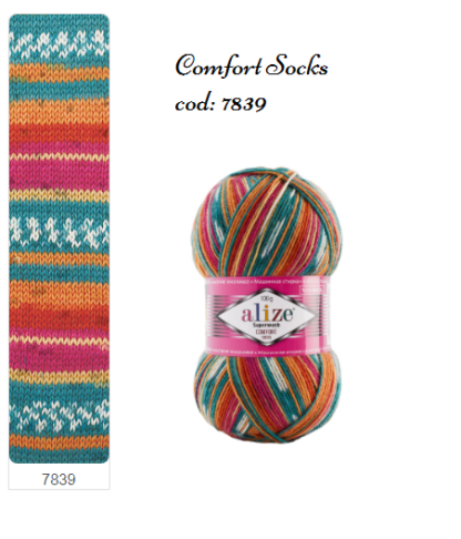 Fir de tricotat sosete Alize SuperWash Comfort Socks_culoare 7839_Print cu turcoaz roz portocaliu