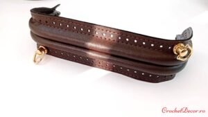 Rama metalica IRENE tip arc imbracata in piele ecologica gaurita si bucle pentru lant_posete crosetate_lungime 20 cm_Culoare Maro
