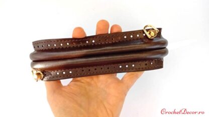 Rama metalica IRENE tip arc imbracata in piele ecologica gaurita si bucle pentru lant_posete crosetate_lungime 20 cm_Culoare Maro_2