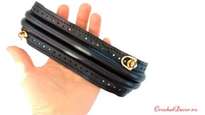 Rama metalica IRENE tip arc imbracata in piele ecologica gaurita si bucle pentru lant_posete crosetate_lungime 20 cm_Culoare Negru