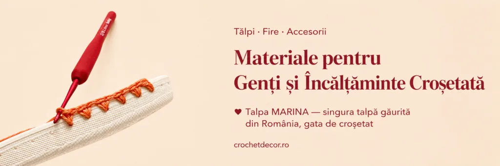 Banner Crochet Decor — tălpi găurite, fire și accesorii pentru genți și încălțăminte croșetată